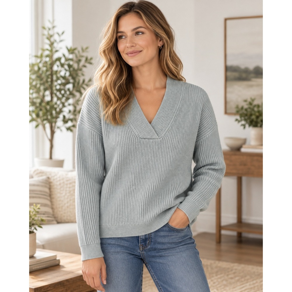 Haven Well Within Sweater Blue Ribbed V-Neck Cotton Cashmere Blend Med 3902